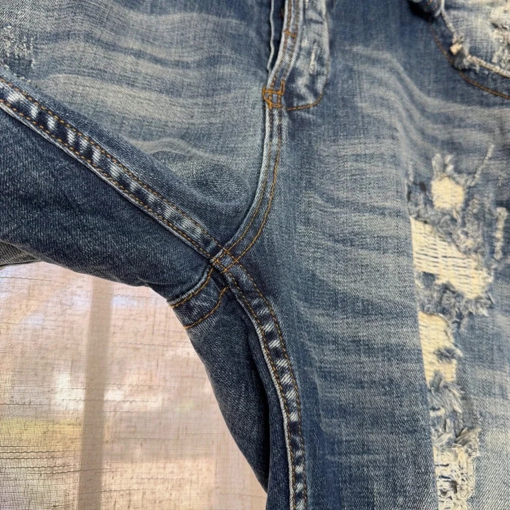 Smugglers Moon Distressed Ripped Paint Splatter Blue Jeans Button Fly Mens 42x33